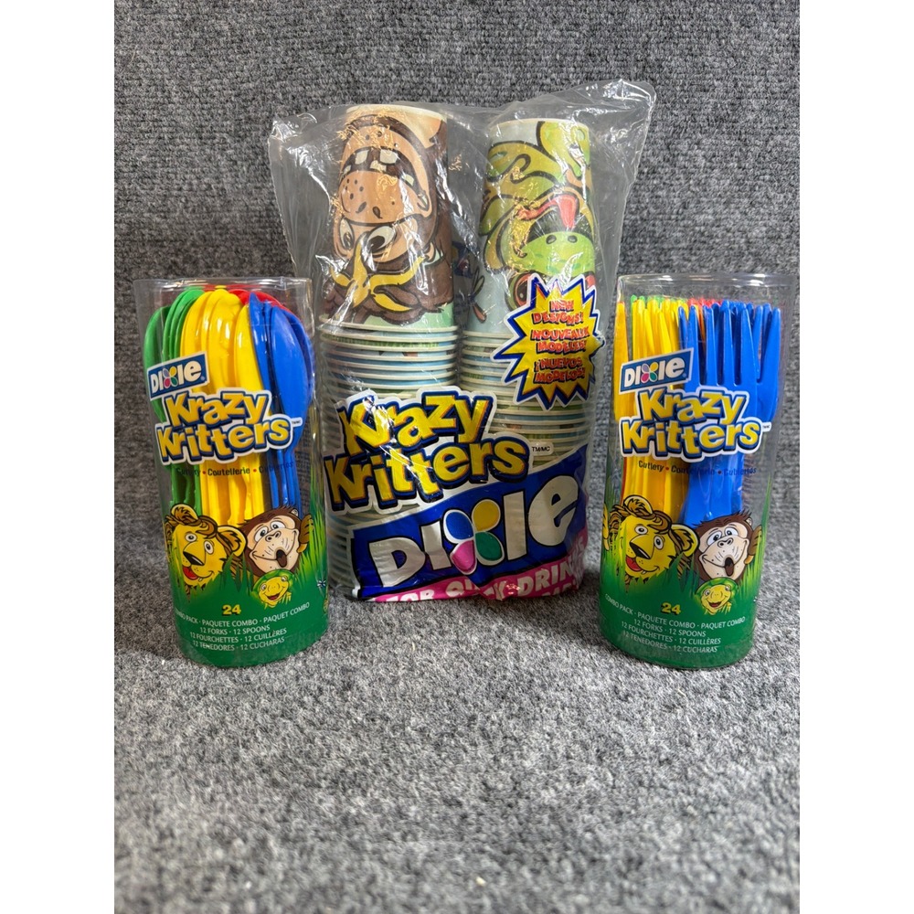 Vintage 2003 Dixie Krazy Kritters Cups and Cutlery Set Animal Theme